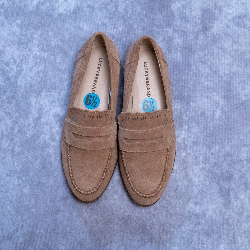 Lucky Brand Penny Loafer Flats Tan Suede Scalloped Detail 6.5 - Picture 3 of 5